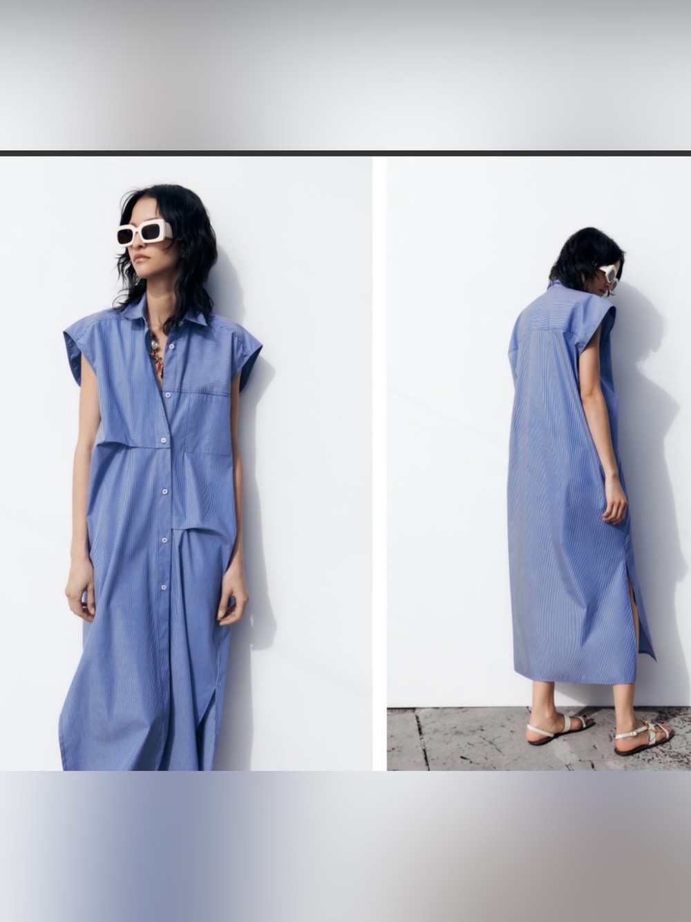 ZARA Blue White Striped Sleeveless Maxi Shirt Dress Small Cotton Midi Pocket